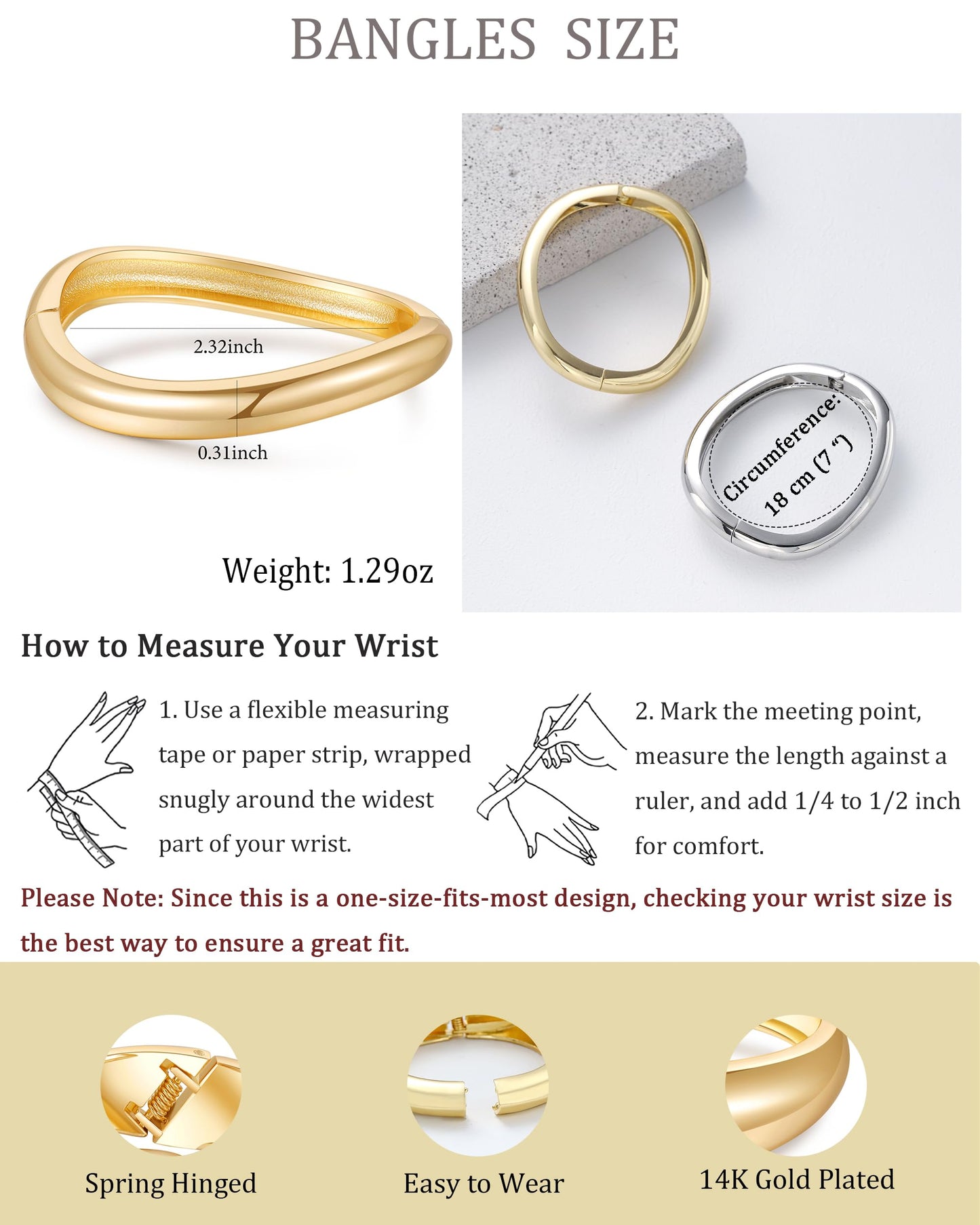 AYWFCBF Wavy Bangle Bracelets for Women | 14K Gold Plated 2-Pack Twisted Wave Band Bangle | Trendy Hinged Cuff Open Wide Chunky Gold Bracelet Stack | Arm Cuff Jewelry for Women