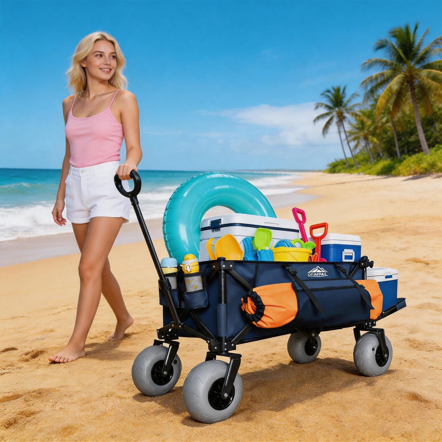 OTIATrail Beach Wagon for Sand with Big All-Terrain 9*4" Balloon Wheels, 200L Large Capacity 330lbs Heavy Duty Beach Carts, Collapsible Utility Wagon with Extended Tailgate for Beach Camping Outdoors