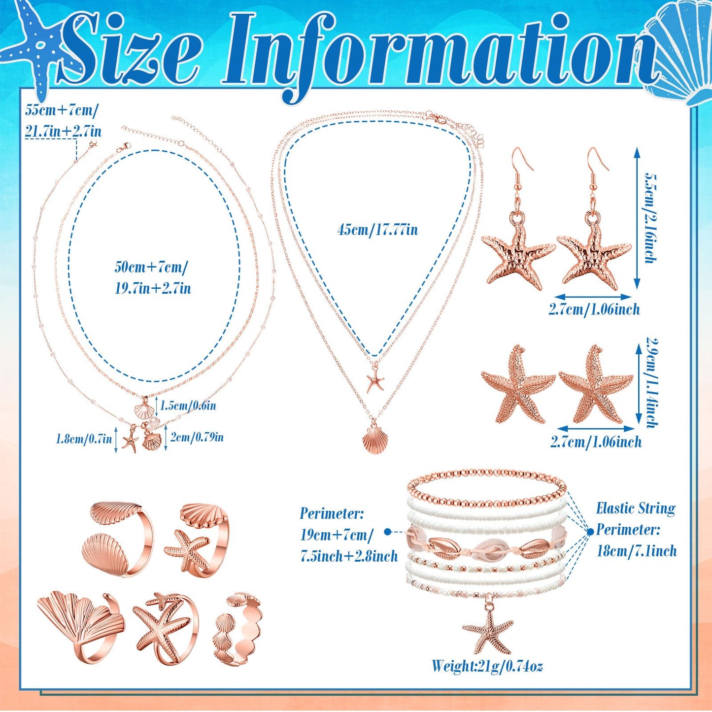 16 Pcs Seashell Starfish Jewelry Set for Women Seashell Earrings Rings Boho Layer Charm Necklace Summer Beach Bracelets Natural White Anklet for Summer Holiday Vacation Accessories(Rose Gold,Beach)