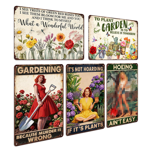 Funny Garden Metal Signs Decorative Outdoor 5 Pack Greenhouse Decorations Gardening Decor For Women Yard Tin Signs Green House Accessories For Outside Garden Sign Gardening Gifts 8x12 In