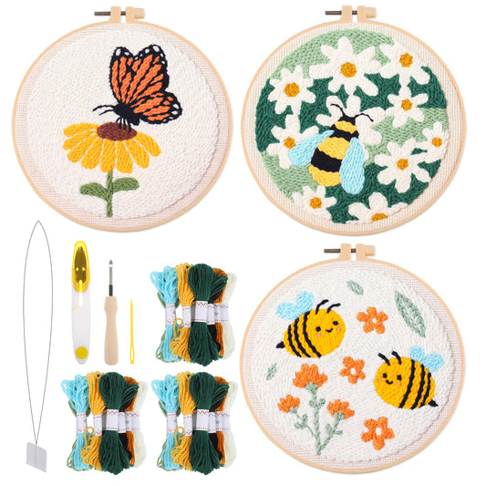 3 Pcs Punch Needle Kits, 7.87 Inch Cute Floral, Bees and Butterfly Punch Needle Kit for Adults Beginner Children Needles Punching kit with Embroidery Hoop, Instruction, Fabric, Sewing Needles, Yarns