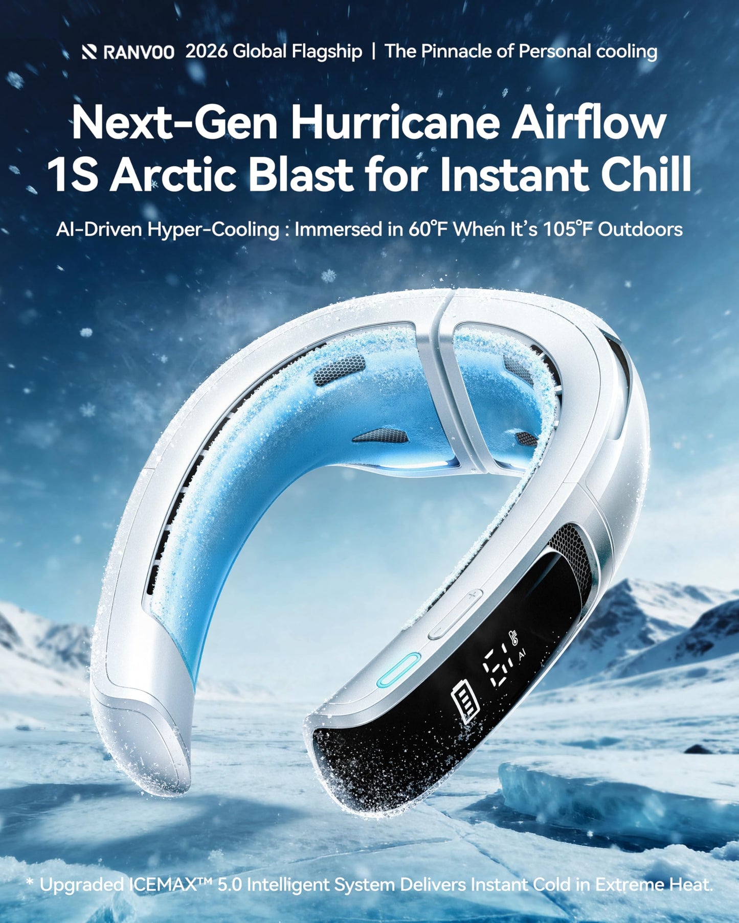 RANVOO AICE LITE MAX 2026 Real AC Cold Blast [No.1 Coolest & Most Durable] AI Neck Air Conditioner, Best Immersive Neck Cooler, 6000 mAh Rechargeable Neck Fan Blow Cold Air, Summer Gifts for Mom White