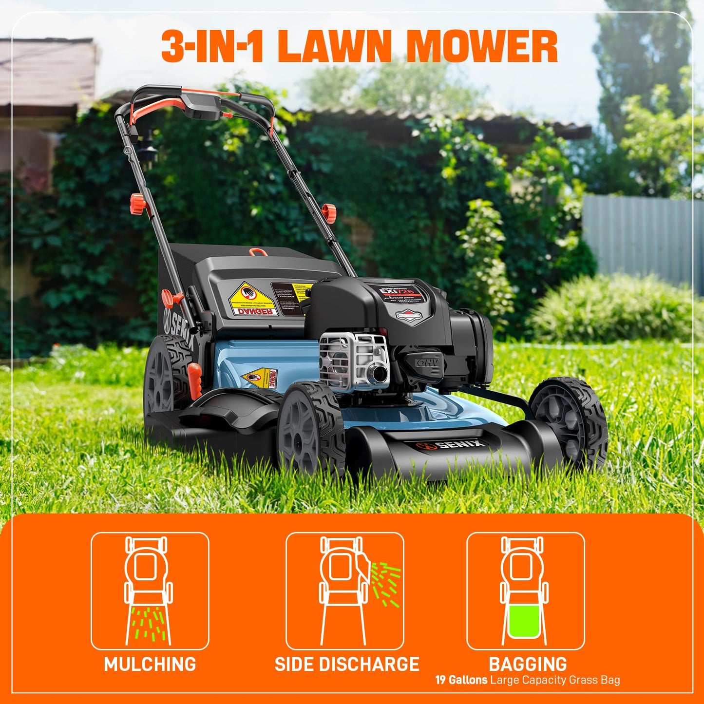 SENIX 163 cc 22-Inch Self Propelled Gas Lawn Mower with 4-Cycle B&S Engine, 3-in-1 Rear Wheel Drive Variable Speed Lawnmower, 6-Position Height Adjustment, LSSG-H2