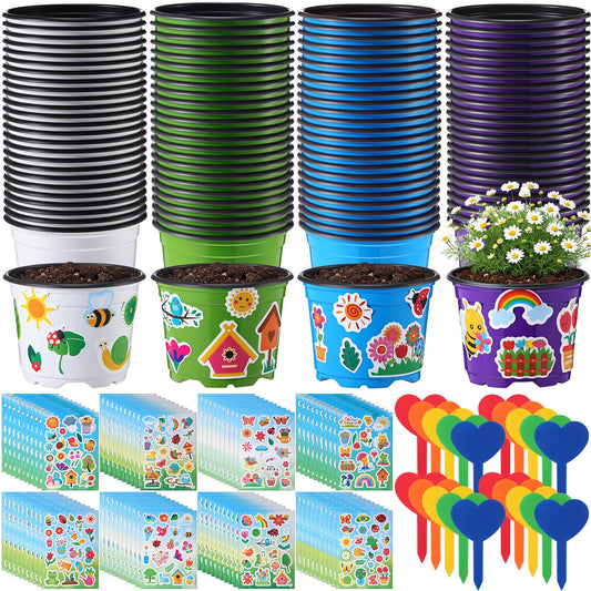 RimCereal 50 Sets Garden Pot Craft Kit, Flower Plant Spring Craft Including Plastic Nursery Plant Pots Labels Tags Stickers for DIY Flower Planting Growing Birthday Arts Kit (Fresh)