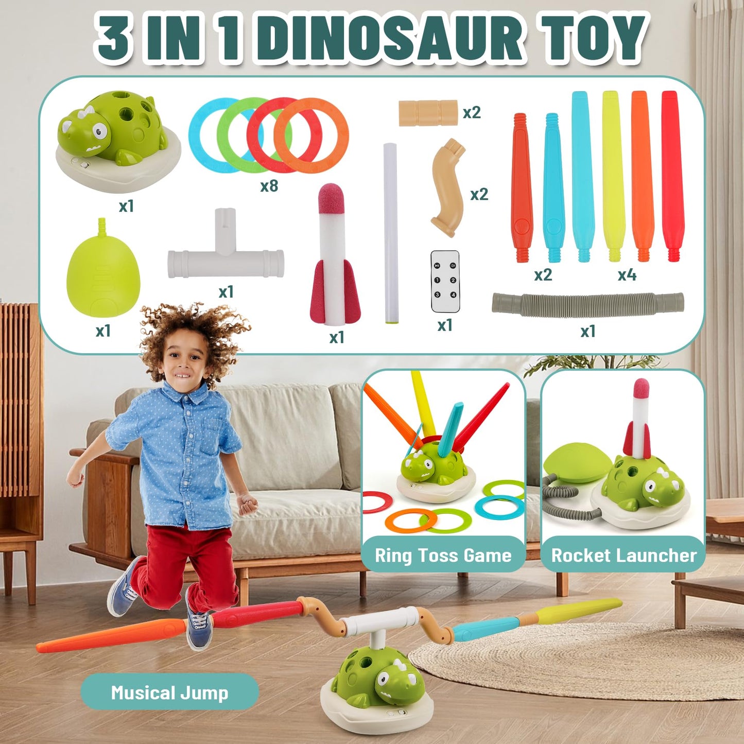 3-in-1 Dinosaur Rocket Launcher, Ring Toss & Musical Jumping Toy for Kids Aged 3-8 , Remote Control Outdoor & Indoor Toys for Boys and Girls , Birthday Gift for Boys & Girls Ages 4-8