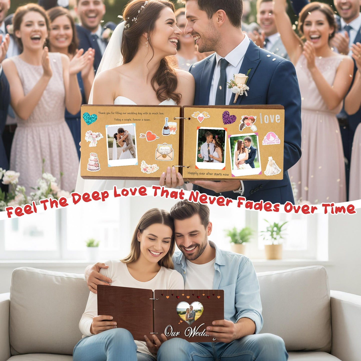 CY2SIDE Our Wedding Scrapbook Album - 111PCS DIY Wooden Memory Photo Book Craft Kit with Stickers Markers Stencils Photo Corner Mr & Mrs Ornament, Picture Journal Gift for Bridal Wedding Anniversary