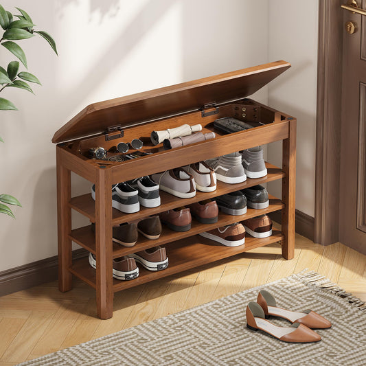 IUNVR Shoe Rack Bench Seat Rubberwood 3-Tier Wooden Storage Bench 550lbs Compact Mid-Century Modern Design for Entryway, Hallway, Closet, Front Door Entrance, Foyer