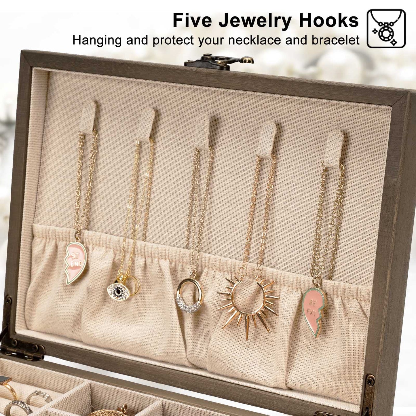 Pinzoveco Jewelry Box for Women, Rustic Wooden Jewelry Organizer Box for Storage Earrings Rings Necklace Bracelet, Farmhouse Style Wood Jewelry Boxes & Organizers (Gray)