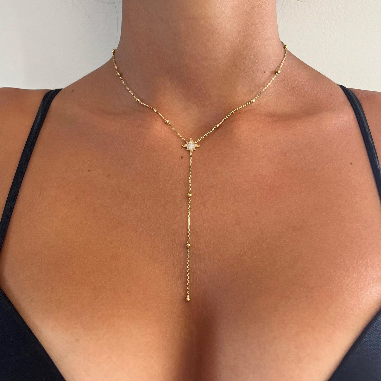 FUCJOEE Long Necklaces for Women Trendy - Dainty Lariat Necklace 14K Gold Plated CZ Star Y Shaped Beaded Drop Necklace Cute Long Gold Necklaces for Women Formal Prom Jewelry Gifts