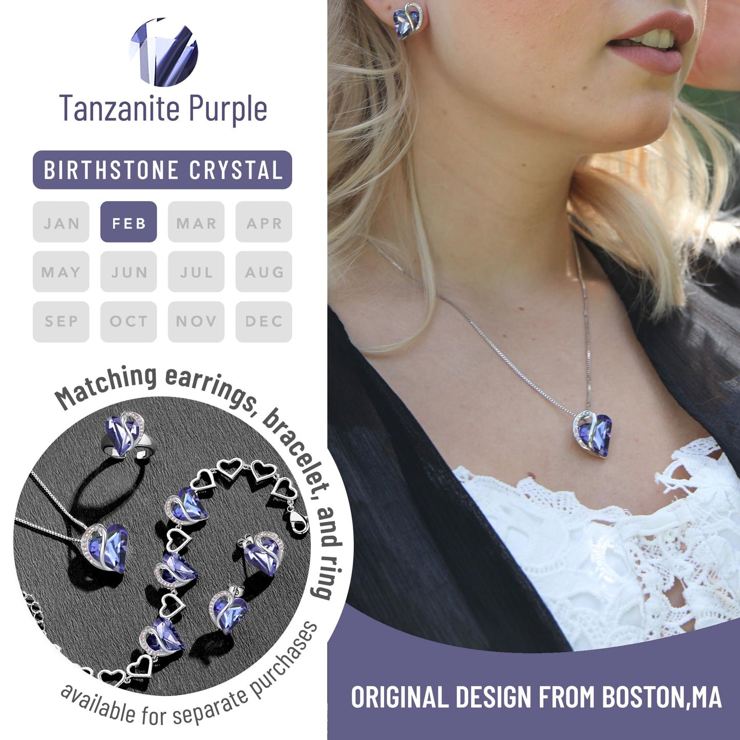 Leafael Gift Necklaces for Women, Infinity Love Birthstone Heart Pendant, Tanzanite Purple Crystal for February, Birthday Jewelry for Her, Mom, and Wife, Silver Plated, 18" + 2" Chain