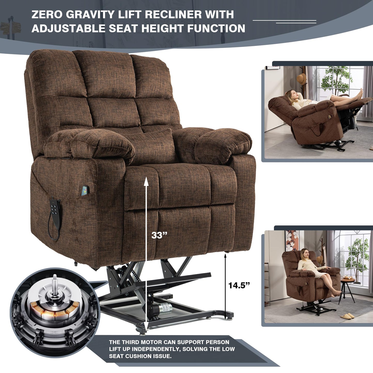 REHOUSING Oversized Power Lift Recliner Big Man 400lbs, Extra Wide Recliner Chair with Lifts Vertically for Elderly, Features Cup Holder, Heat and Massage, Zero Gravity Lay Flat for Adults (Brown)