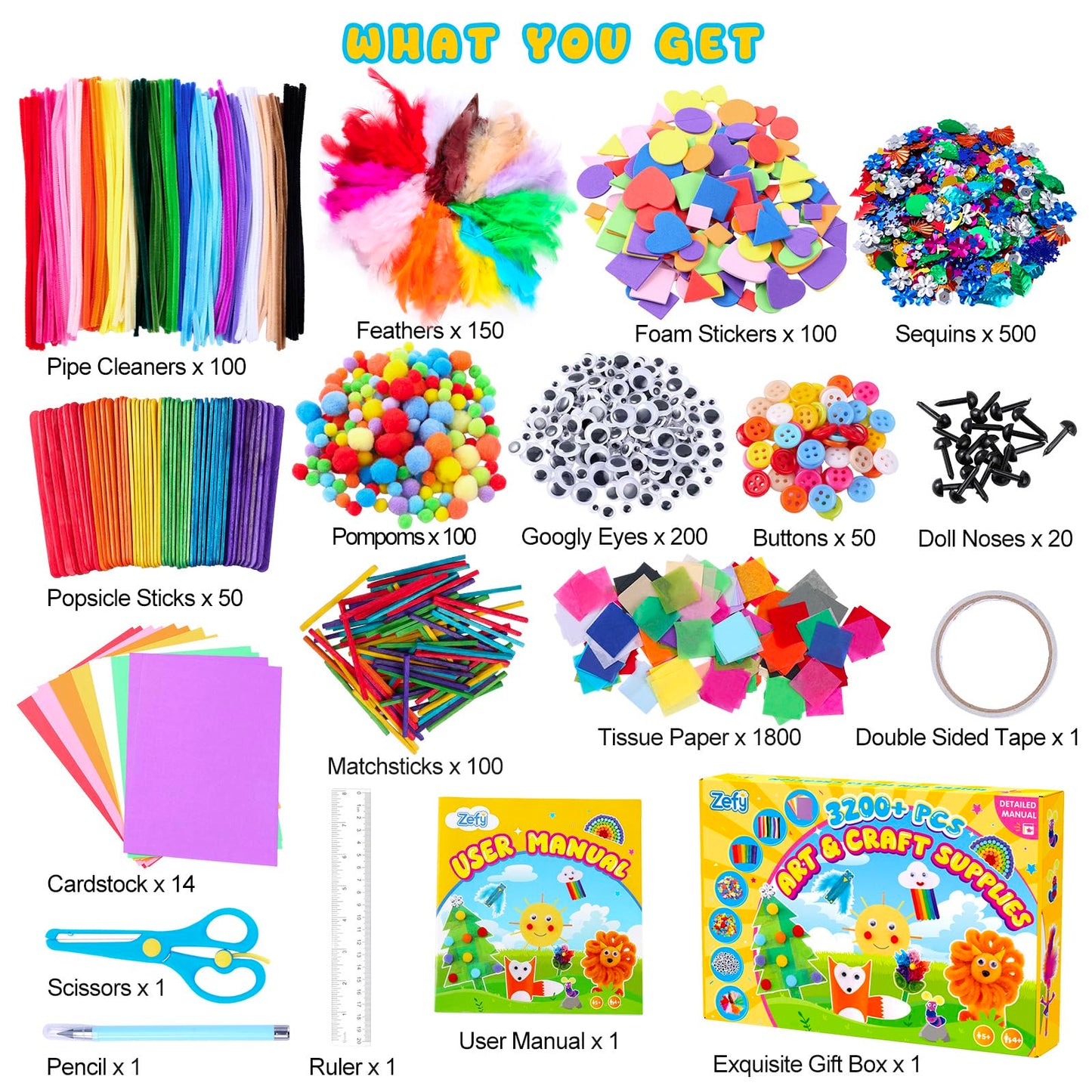 Zefy 3200+ Pcs Arts and Crafts Supplies for Kids, All in One Craft Kits with 12 Crafts Design, DIY School Supplies Kit Craft Box Easter Gifts for Girls Boys Ages 4-12