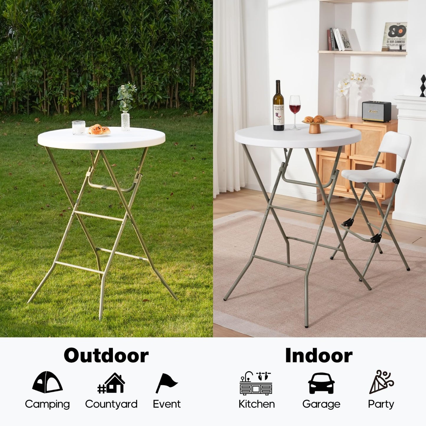GlowitLian 32" Round Folding Table, Portable Bar Height Folding Table with Detachable Legs, Round Foldable Table with HDPE Top for Standing Parties, Balcony, Event, Indoor Outdoor Use (White, 1 Pack)