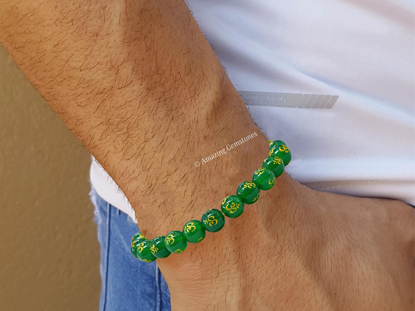 Amazing Gemstone Crystal Bracelet for Women Men's Gifts - Protection Healing Crystal Bracelet - 8mm Gemstone Beaded Stretchable Bracelet Pulseras Para Hombres Mujer Stocking Stuffers Mothers Day Gift (OM Green Agate)