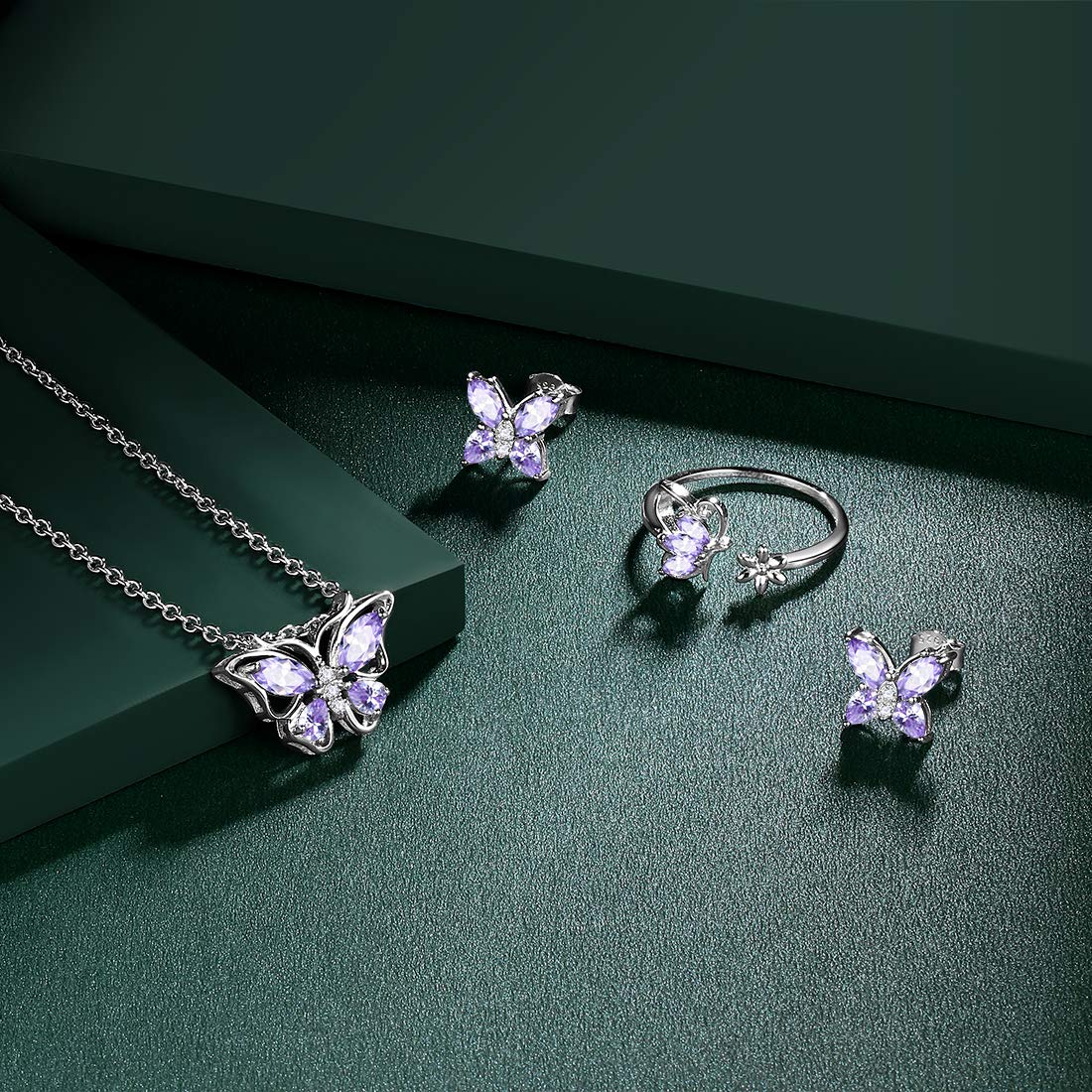 Hipunk Butterfly Blue Jewelry Sets Birthstone Women 925 Sterling Silver June-Alexandrite Birth Stone Animal Butterflies Jewelry Sets/Earring/Ring Set Crystal Birthday Jewelry SS0002U