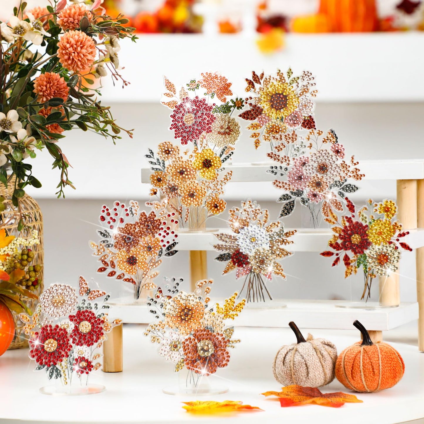 Kosiz 9 Pcs Thanksgiving Diamond Painting Tabletop Decorations Fall Wildflower Diamond Art Kits for Adults Double Sided Acrylic Flower Centerpiece for Tables DIY Crafts Party Decor Thanksgiving Gifts