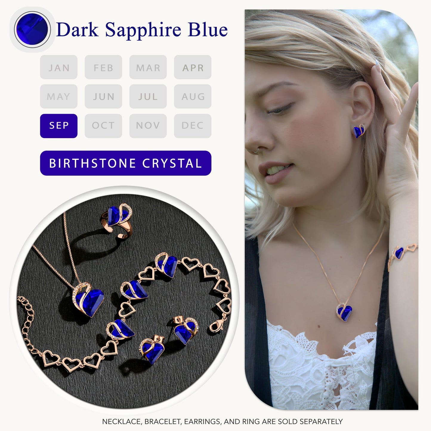 Leafael Gifts for Women Rose Gold Plated Necklaces: Heart Dark Sapphire Blue Crystal, September Birthstone, Hypoallergenic Chain (18"+2"), Birthday Jewelry for Mom and Wife
