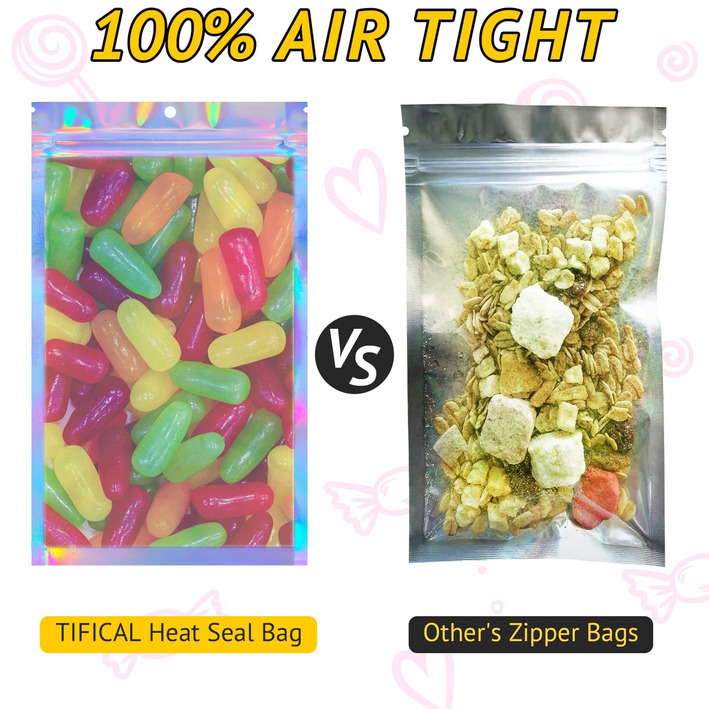 TIFICAL 100 PCS Holographic Bags for Lashes, Press On Nails, Candy, Small Baggies Sample Bag Smell Proof Packaging Bags for Jewelry, Resealable Bags for Small Business, Food Storage Bags
