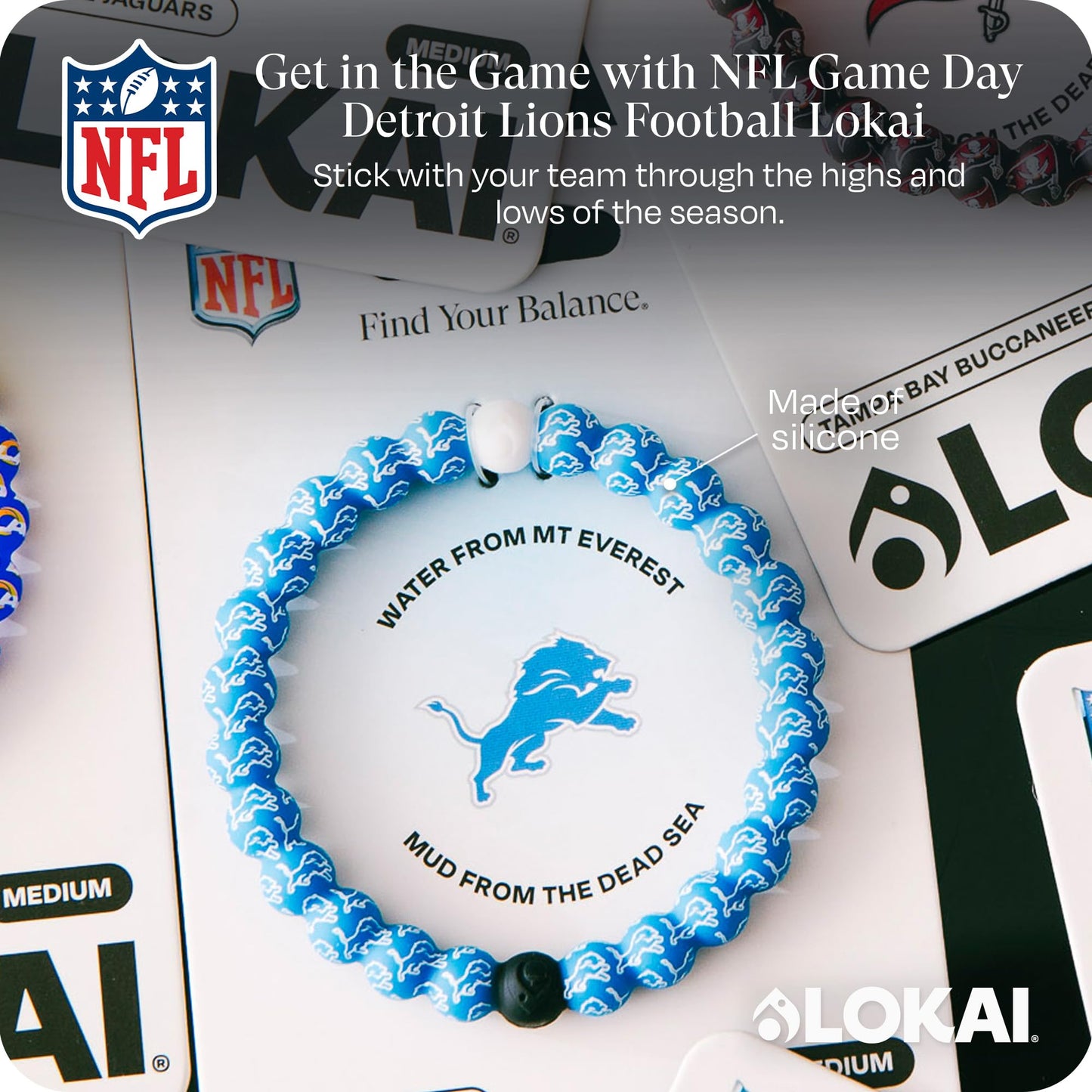 Lokai Silicone Beaded Bracelet for Men & Women, NFL Football Collection - Detroit Lions, Medium - Silicone Jewelry Fashion Bracelet Slides-On for Comfortable Fit