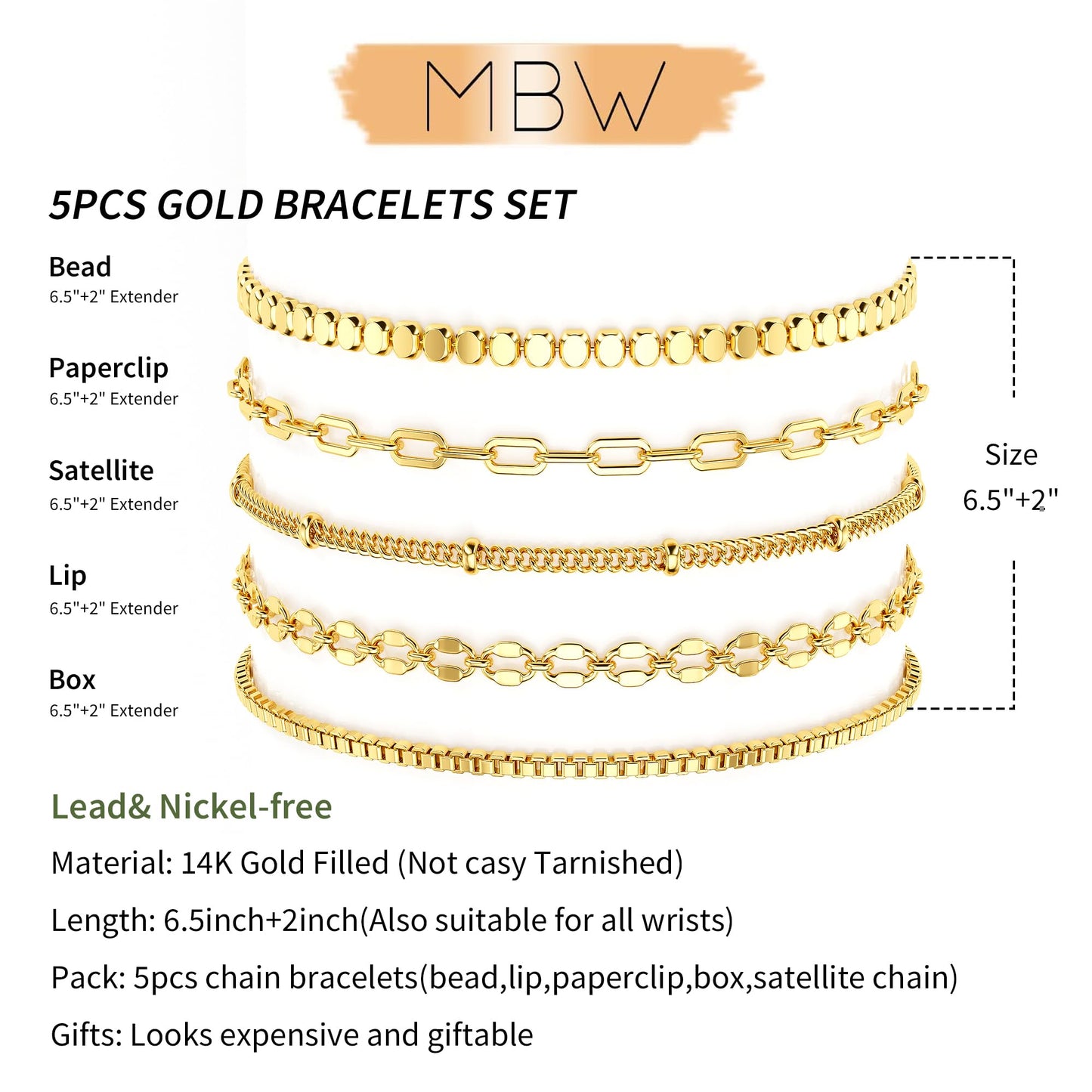 Dainty 14K Gold Plated Bracelets for Women, Stackable Satellite Paperclip Lip Bracelet Set Tiny Lip Dot Chain Box Link for Handmade Gift Minimalist Cute Trendy Jewelry Gold Accessories for Women