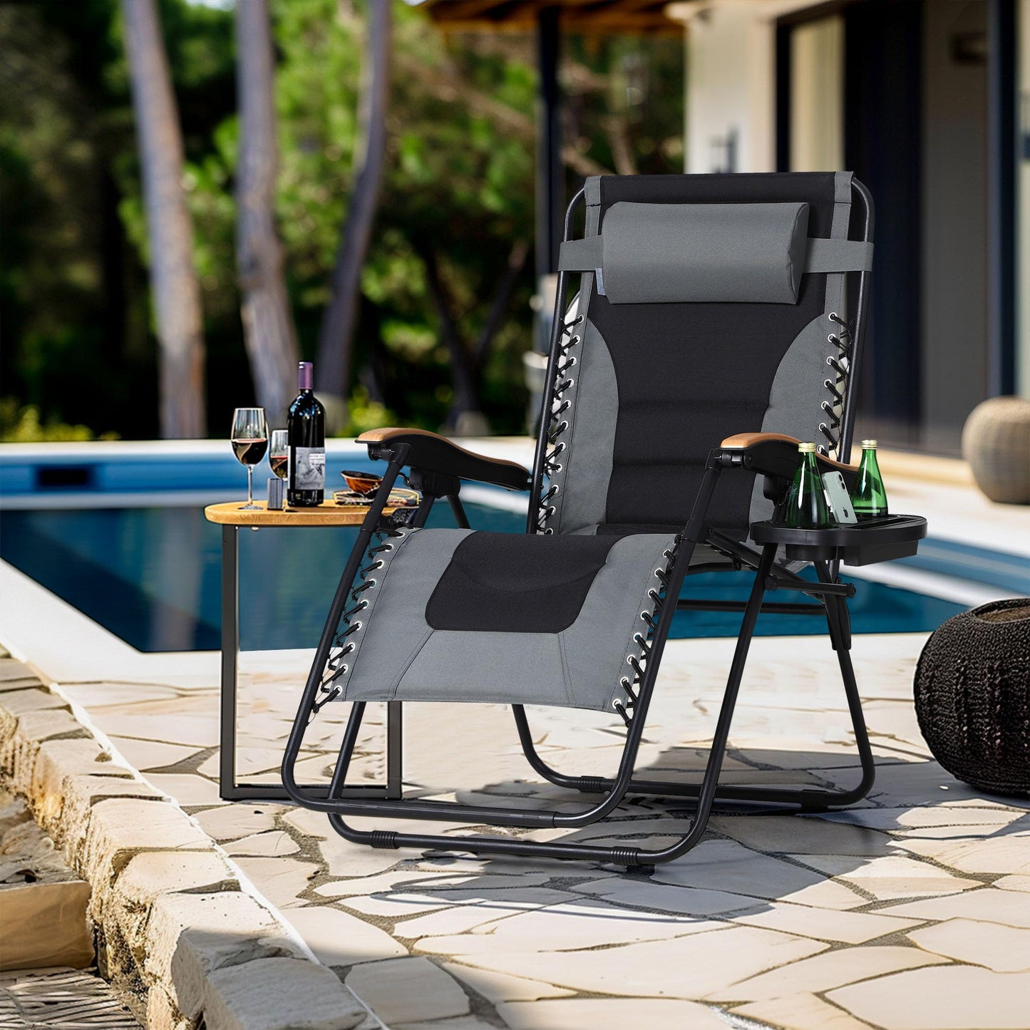 MFSTUDIO Zero Gravity Chairs Set of 2, XL Oversized Outdoor Anti Gravity Chair, Patio Lounge Folding Adjustable Chair with Cup Holder & Padded Headrest, Support 400lbs,Grey