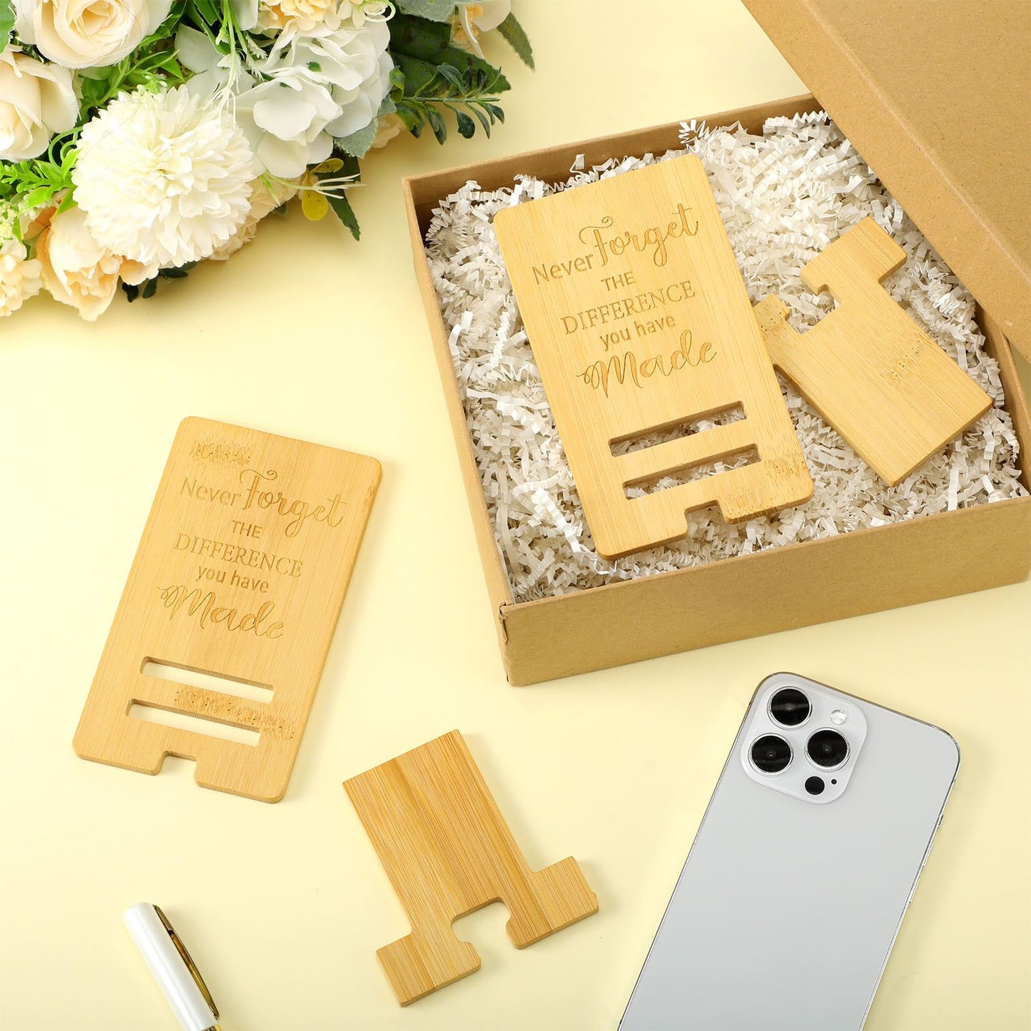 Ripeng 24 Pcs Employee Appreciation Gifts Bulk Bamboo Phone Stand for Desk Office Worker Thank You Gift for Administrative Team Coworkers Staff Graduation Nurse Teacher Week (Difference Made)