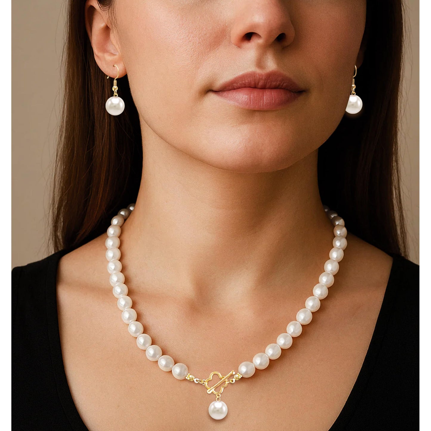 Cryshimmer Pearl Choker Necklace for Women 16K Gold Plated Faux Pearl Beads Strand Necklace Bracelet Earring Set Costume Jewelry(4-leaf Clover Clasp-3PCS)