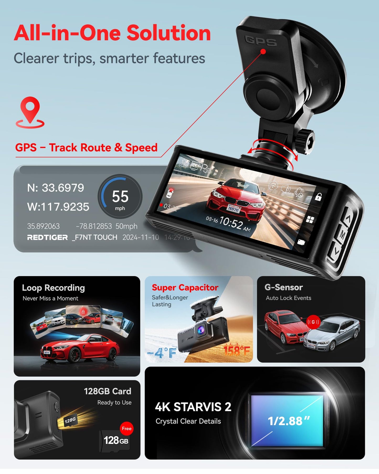 REDTIGER 4K STARVIS 2 Dash Cam Front and Rear, 5GHz WiFi 20MB/s Download, 128GB Card Included, Voice Control, Dash Camera for Cars with 3.18" Touch Screen, GPS, Loop Recording, Parking Mode(F7N Touch)
