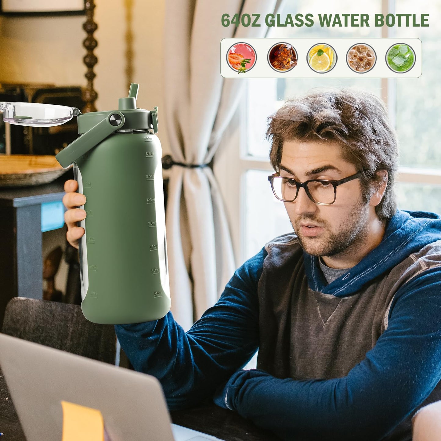 BLUEGO 64oz Glass Water Bottles with Straw Time Marker Half Gallon Large Motivational Water Bottle with Silicone Sleeve 2 Liter Large Glass Water Jug for Gym, Sports& Workout, Daily, 02 Olive