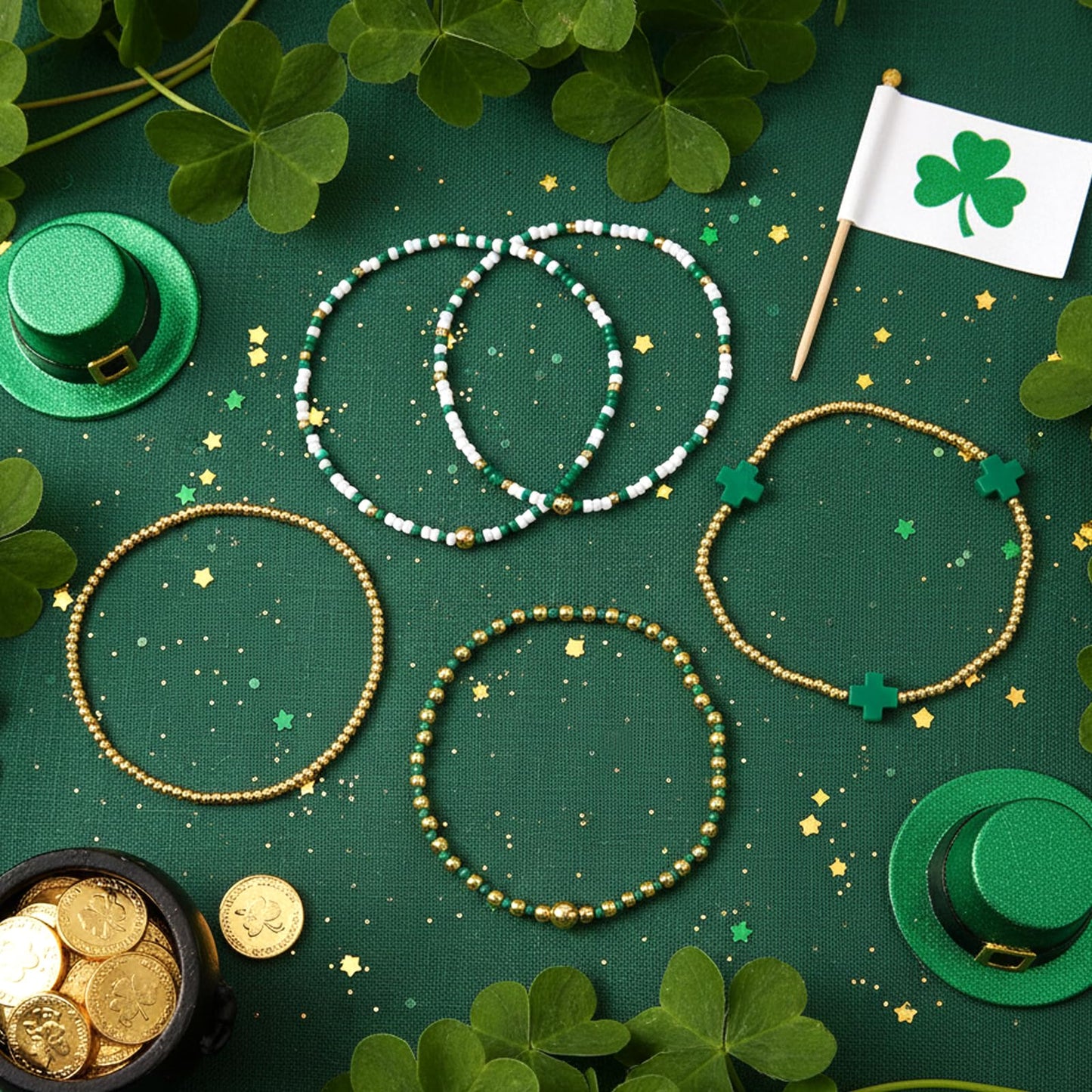 Bohxantium St. Patrick's Day Green Beaded Cross Bracelet for Women Stackable Lucky Stretch Gold Beads Ball Jewelry Cross Charm Holiday Bracelet Party Festive Friendship St. Patrick's Gifts for Women