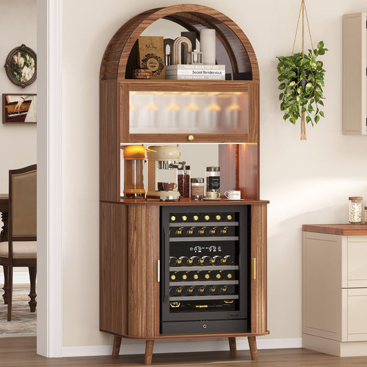 LVB 73" Tall Arched Bar Cabinet with Fridge Space, Mid-Century Fluted Coffee Bar Cabinet with Storage, Home Bar with LED Light, Wine Liquor Cabinet with Mirrored for Kitchen Dining Living Room, Walnut