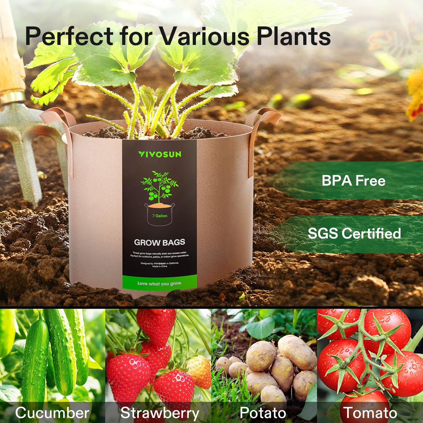 VIVOSUN 5-Pack 7 Gallons Grow Bags Heavy Duty Thickened Nonwoven Fabric Pots with Strap Handles Tan