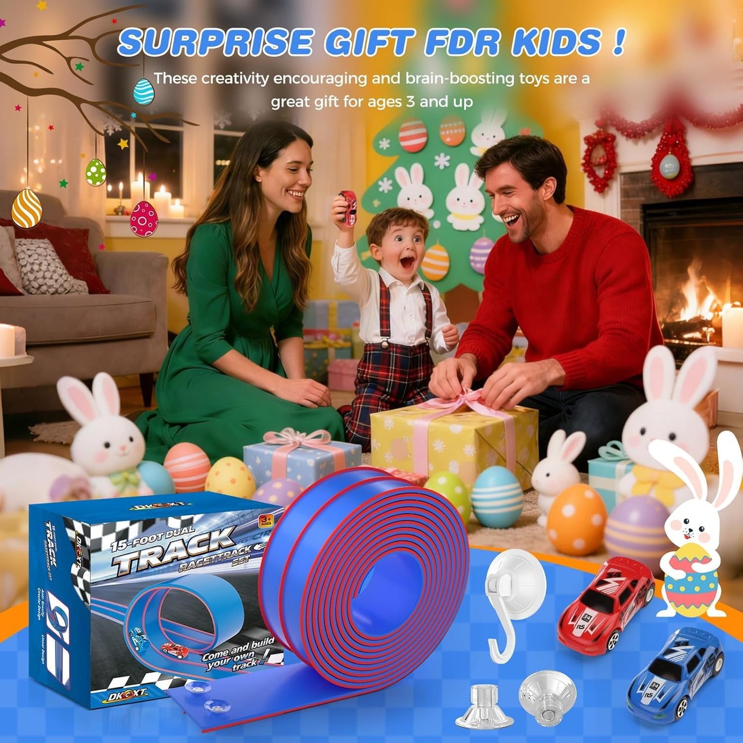 DKOXT 15 Ft Flexible Race Track for Kids, DIY Car Track Set with 2 Toy Cars & 3 Suction Cup Ramps, Easter Basket Stuffers for Teens & Boys Girls, Creative Easter Gifts for Kids, Blue & Red