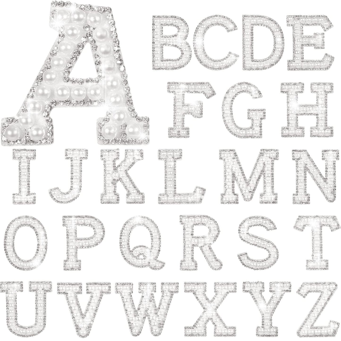 Waydress 26 Piece Rhinestone Iron on Patch A to Z Letter Appliques Adhesive White Pink Colorful Pearl Bling Patch Glitter Alphabet Embellishments for DIY Craft Supplies(Solid White)