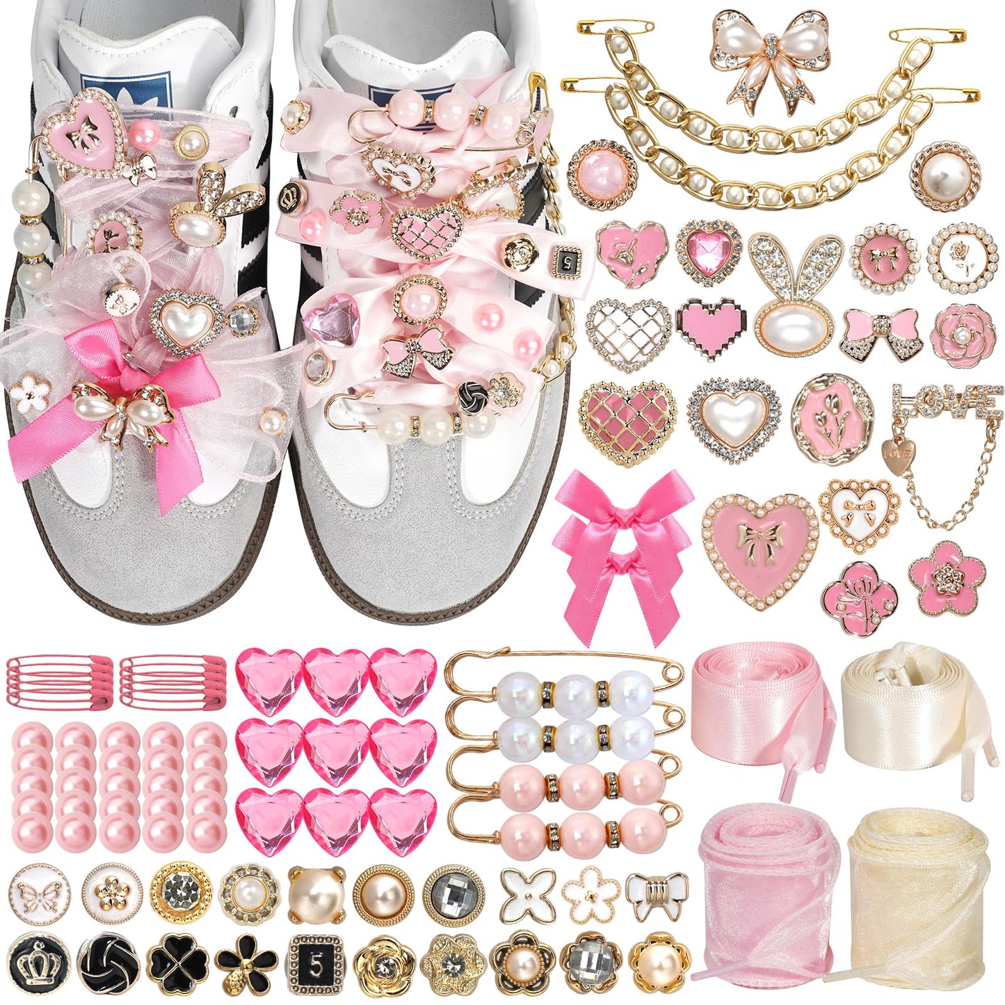 Lugailly Shoe Charms for Sneakers, Junk Socks Charms Kit, 100 PCS Pink Sneaker Charm for Women Teen Girls with Satin & Lace Shoelaces, Cute Shoelace Charm for Shoe Jewelry Decoration Accessories
