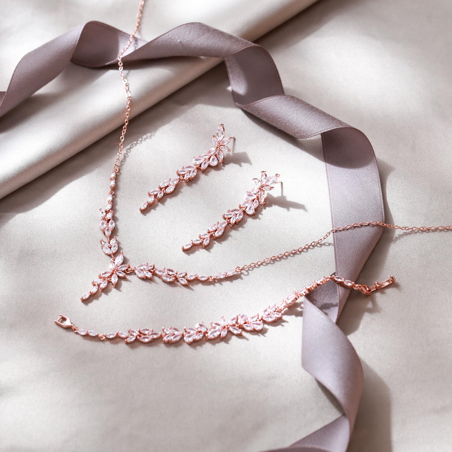 EVER FAITH Cubic Zirconia Bridal Jewelry Set for Bride Bridesmaid, Marquise Leaf Flower Wedding Prom Necklace Dangle Earrings Bracelet Sets for Women Clear Rose Gold-Plated-Brass