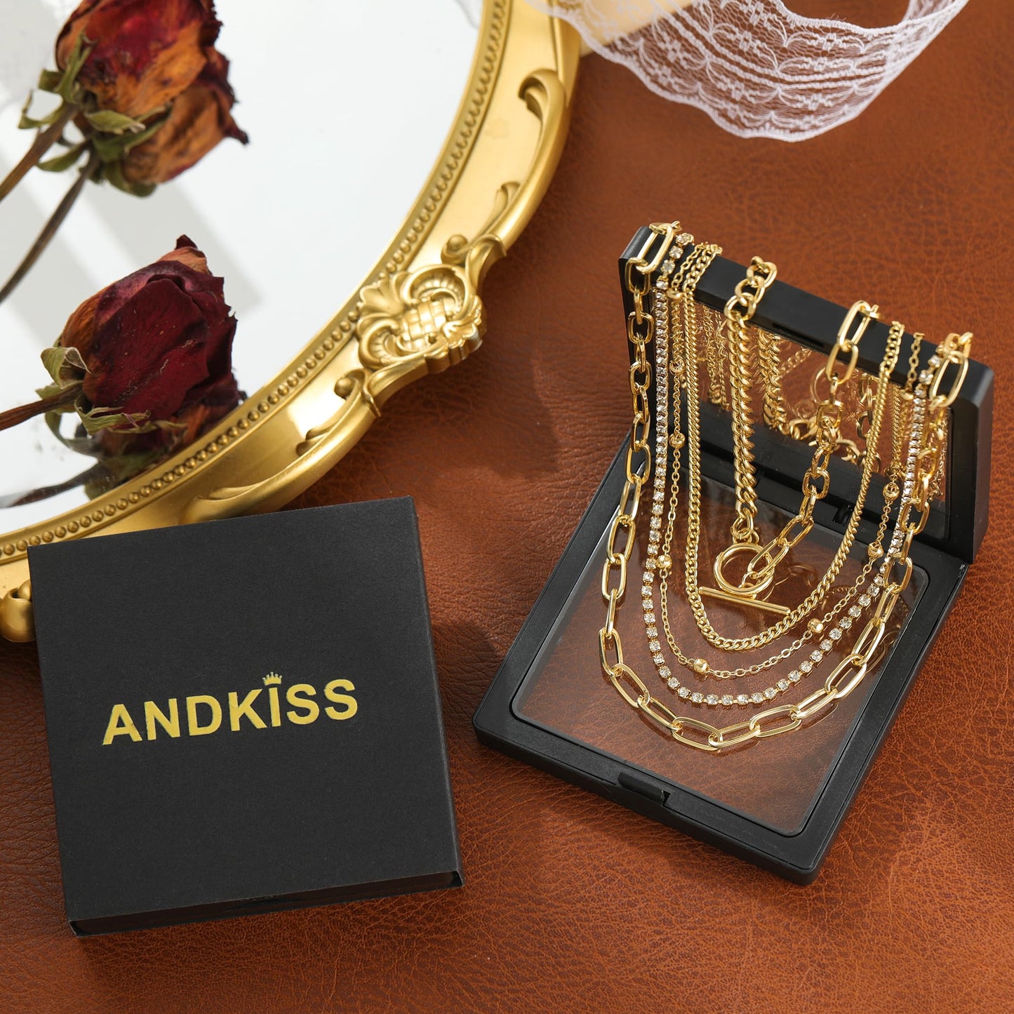 ANDKISS Gold Necklace for Women - 5PCS Dainty Layered Chain Necklaces 18k Gold Plated Choker Bohemian Look Necklace Simple Gold Stacked Hypoallergenic Necklaces Set Used for Gift For Women