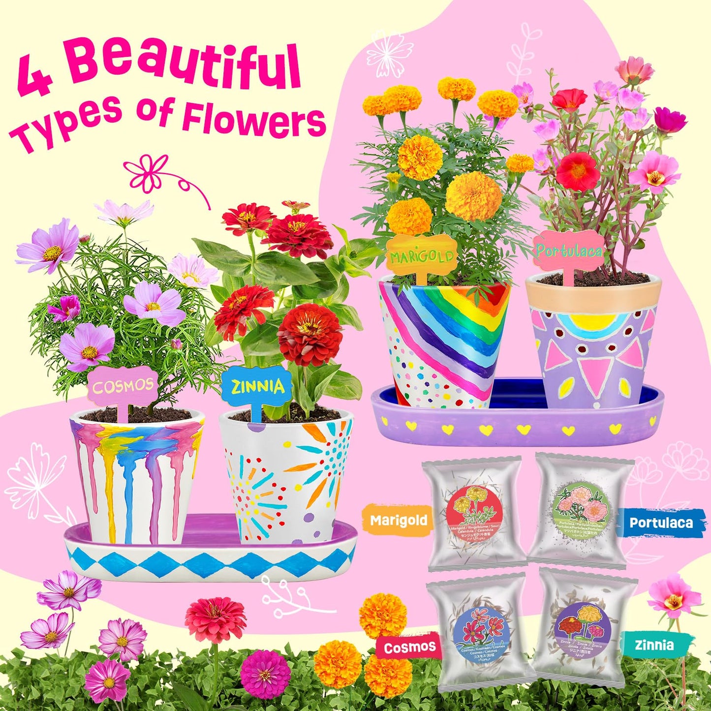 4 Set Paint & Plant Flower Gardening Kit - Gifts for Girls Ages 8-12, Arts and Crafts for Kids Ages 8-12, Kids Gardening Set, Toys Birthday Gifts for Kids Girls Boys Ages 6 7 8 9 10 11 12