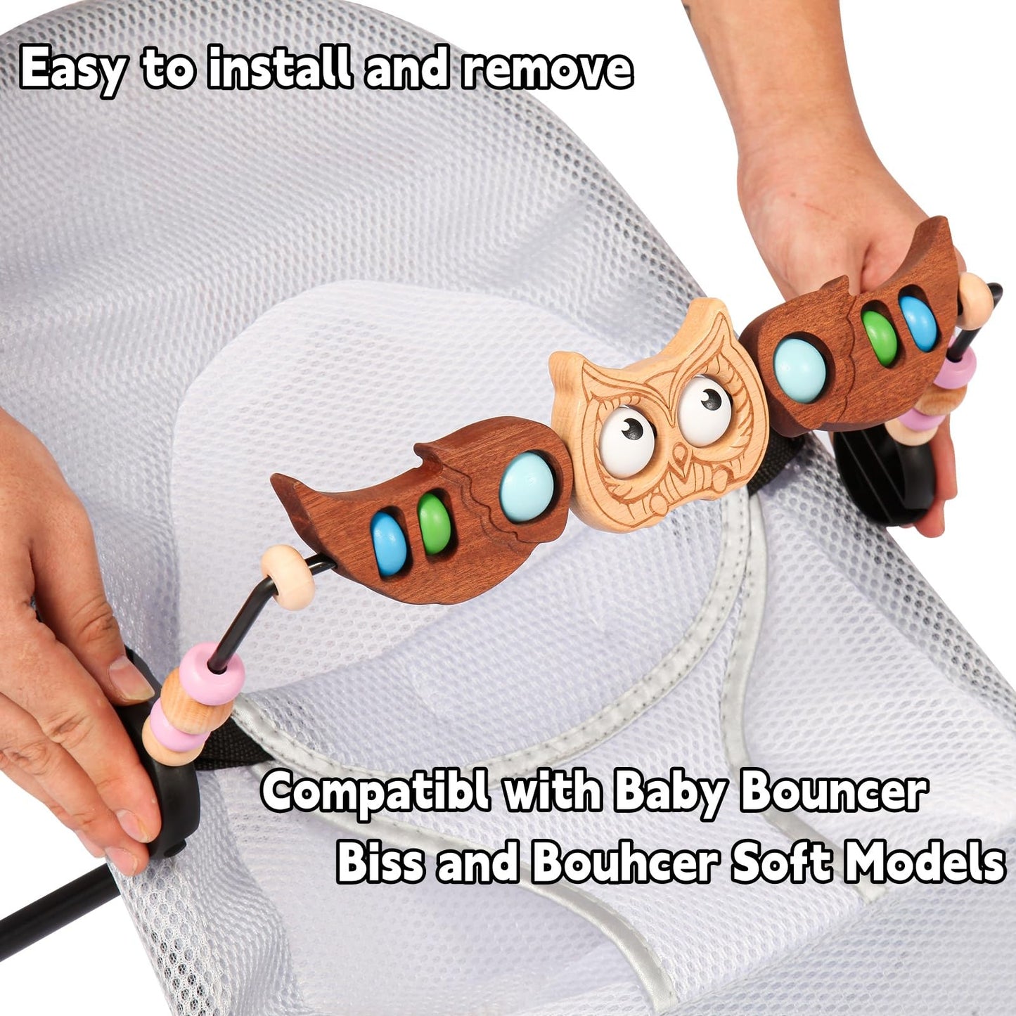 juhg Toy Bar Compatible with Baby Bjorn Bouncer，Baby Bouncer Toy Bar ，Wooden Bouncers Toys Attachment, Fun Owl-Shaped Design for Babies of All Ages to Play