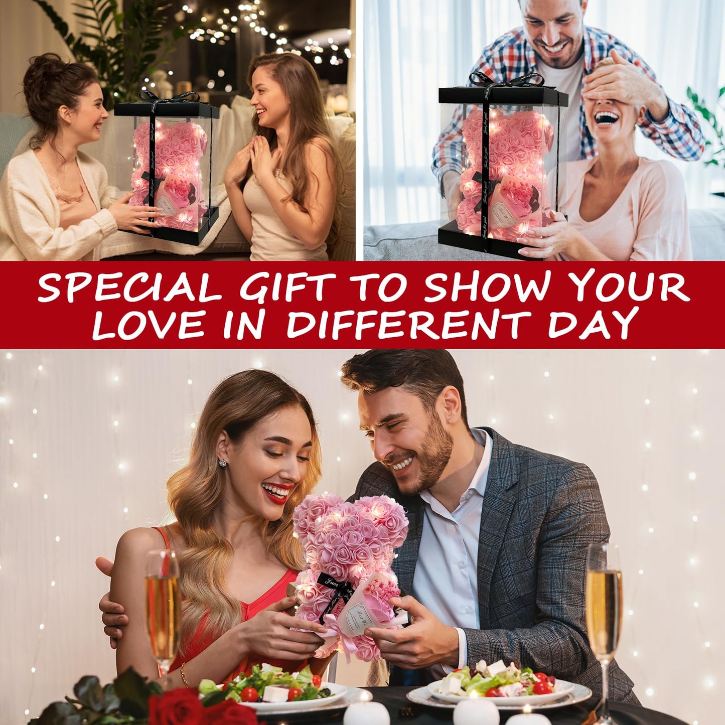 Romantic Valentine's Day Gift For Her Artificial Flower Rose Teddy Bear With Preserved Flowers Bouquet And Blind Box Pearl Necklace Birthday Gift For Wife Girlfriend Mom Women Mothers Day Home Decor