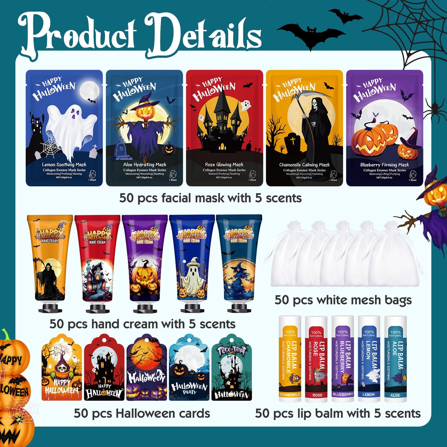 50 Pack Halloween Hand Cream, Facial Mask and Lip Balm Set, Bulk Halloween Gifts for Women, Halloween Decorations, Halloween Party Favors, Halloween Basket Stuffers and Halloween Skincare