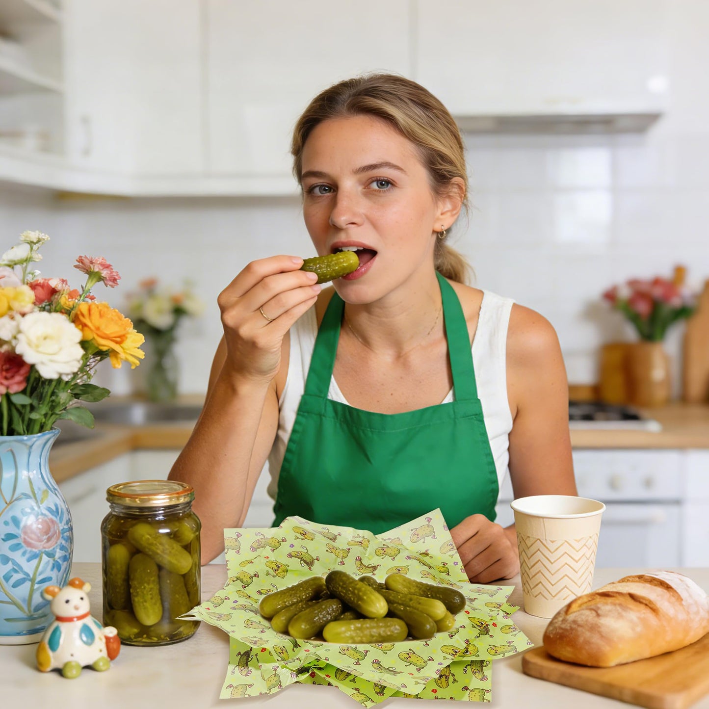 Pineraap 100Pcs Pickle Wax Paper - Funny Green Pickles Deli Food Paper, Green Pickle Parchment Oil Proof Food Basket Liners Wax Sheets for Snack, Sandwich, Food Baking, Picnic Dessert, 11.8” x 11.8”