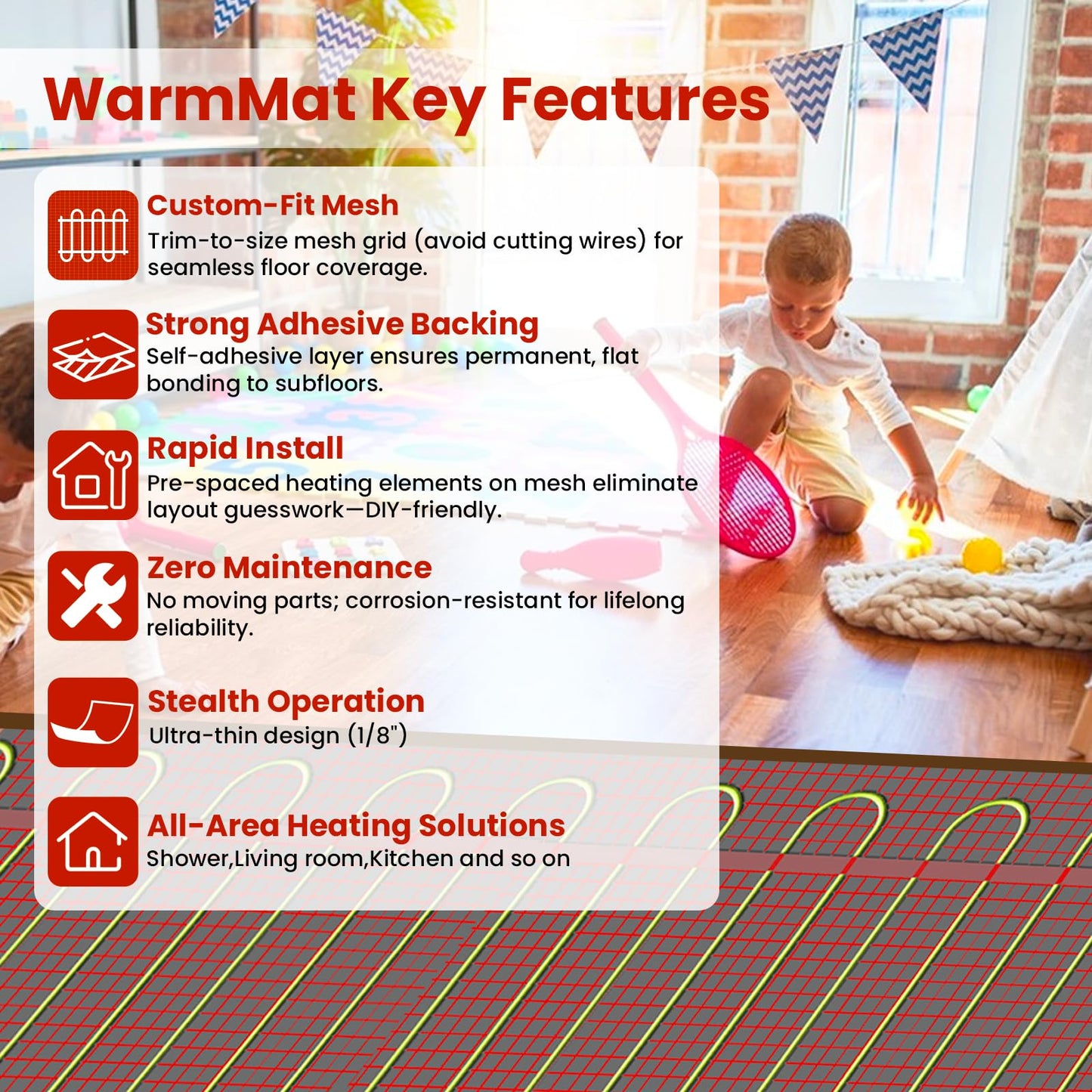 90 sqft HEATIT Warmmat Electric Radiant Self-adhesive Floor Heat Heating System & ET-7AW Thermostat & Alarm Monitor
