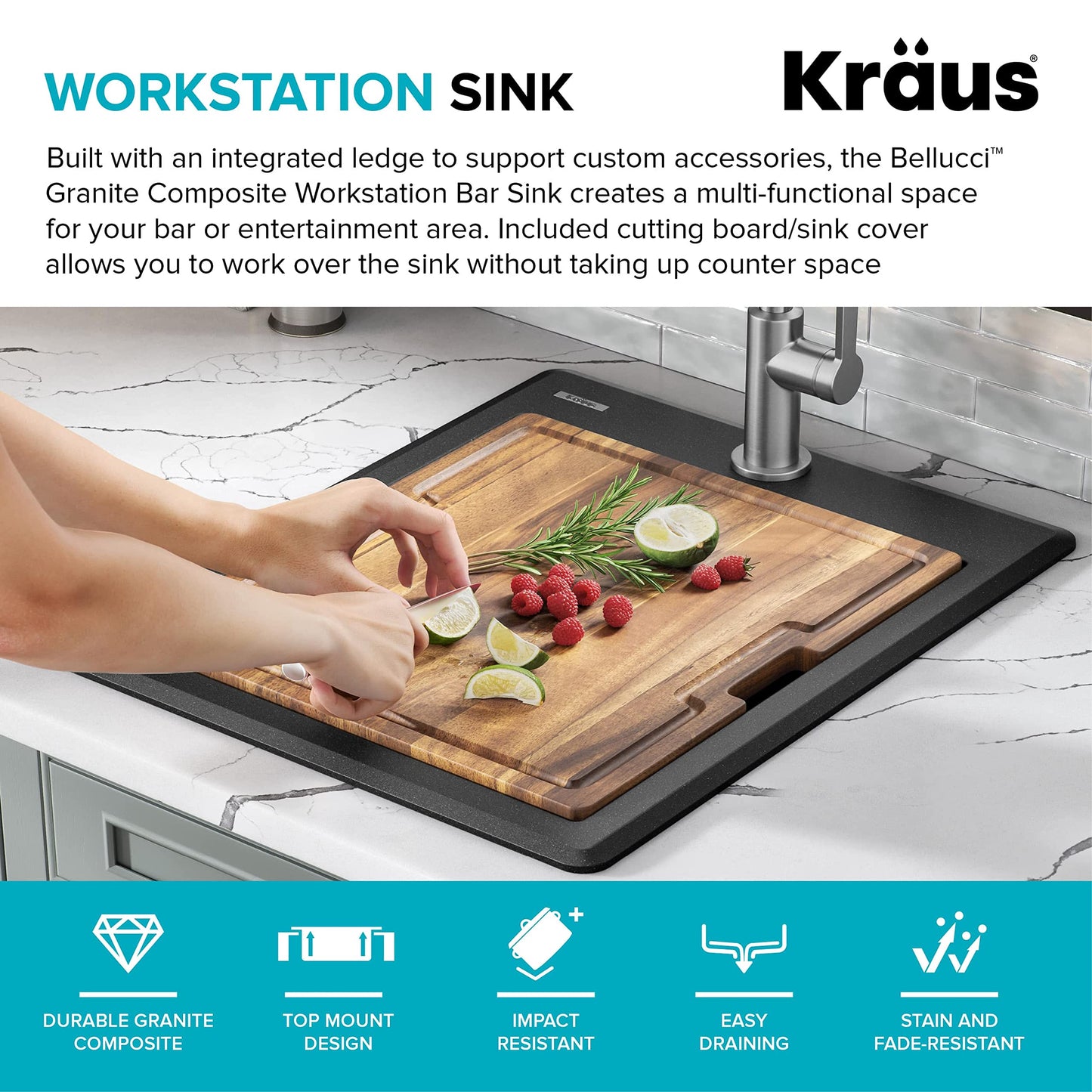 KRAUS Bellucci 18-inch Granite Workstation Drop In Top Mount Single Bowl Kitchen Sink in Metallic Black with Accessories, KGTW12-18MBL