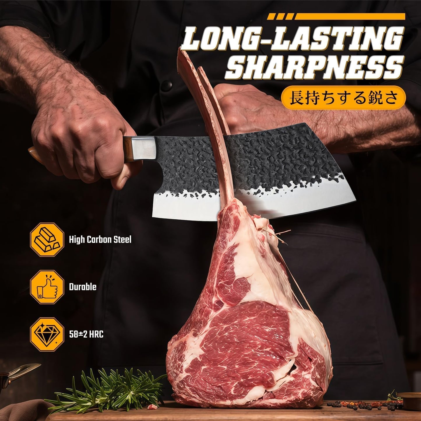 Huusk Chef Knife Set 5Pcs - Hand Forged Meat Cleaver & Chef Viking Knife & Utility Knives, Kitchen Knives Set with Bag for Cooking, Outdoor Camping, BBQ, Christmas Gifts for Men