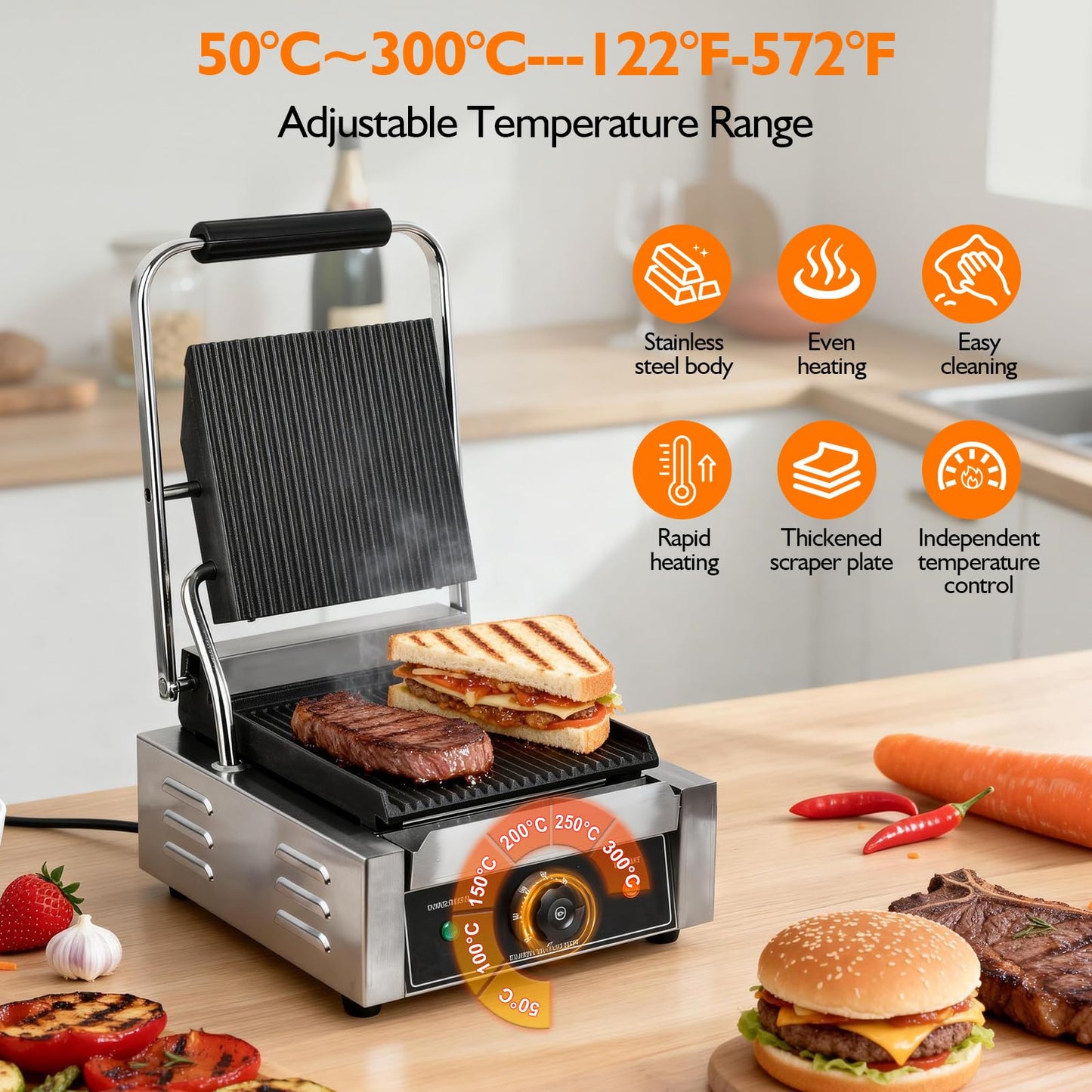 1800W Indoor Electric Grill & Double-Sided Griddle, 50-300°C Adjustable Temperature, 9.1x9.4" Non-Stick Surface for Grilling Steak, BBQ, Sandwiches & Panini, Commercial & Home Kitchen Use