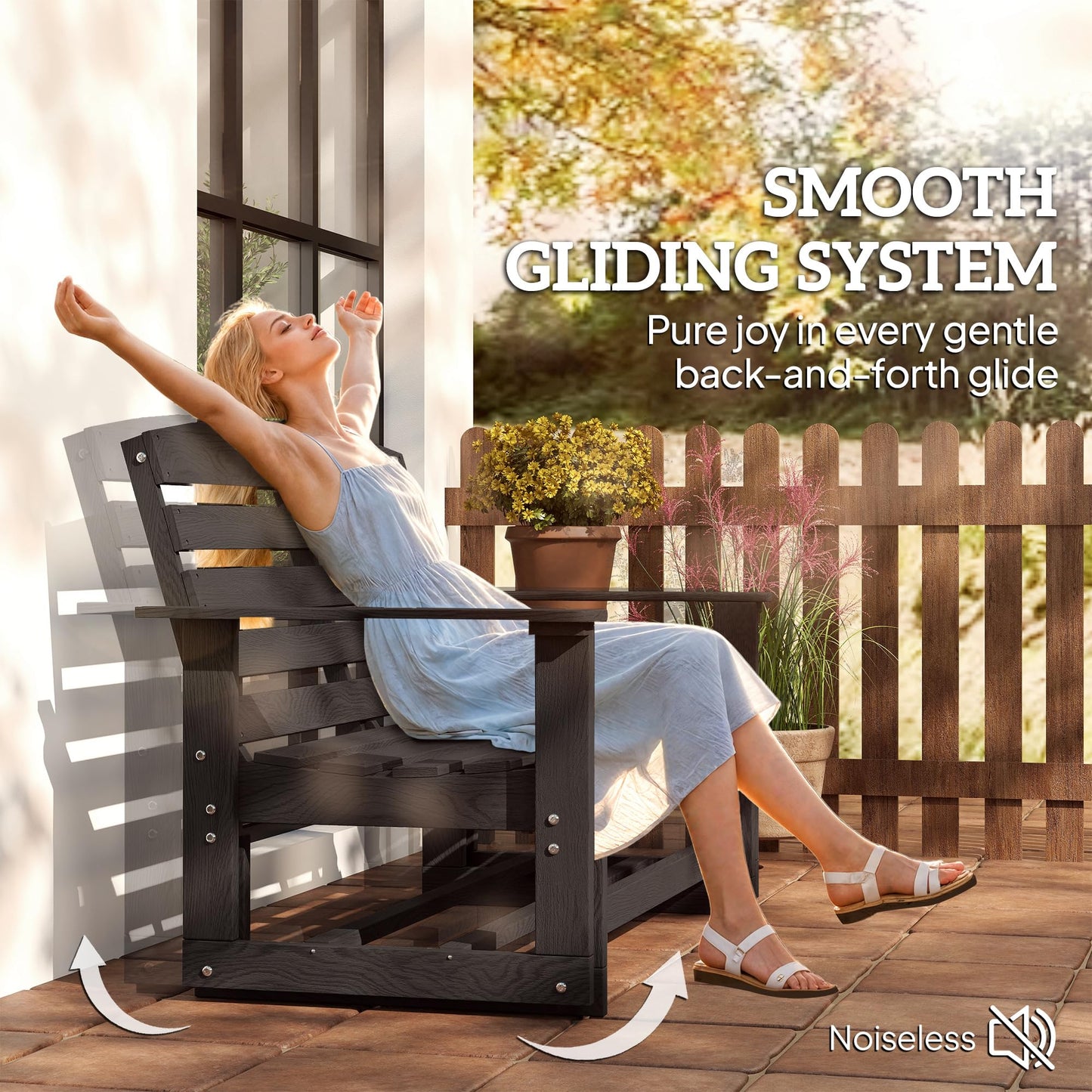 Outsunny 2-Person Outdoor Glider Bench, HDPE Weather Resistant Patio Double Swing Glider Rocking Chair Loveseat with Armrests, Slatted Seat and Backrest for Backyard Garden Porch, Distressed Black