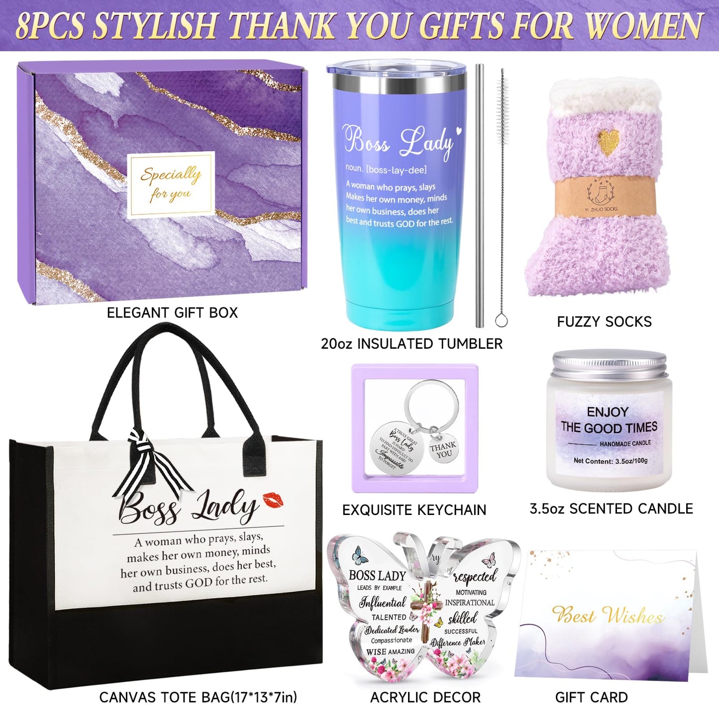 Boss Lady Gifts for Women, Best Boss Gifts for Women, Thank You Gift Baskets for Bosses Female, Birthday Christmas Farewell Office Appreciation Gift Set w/Canvas Tote Bag Acrylic Decor