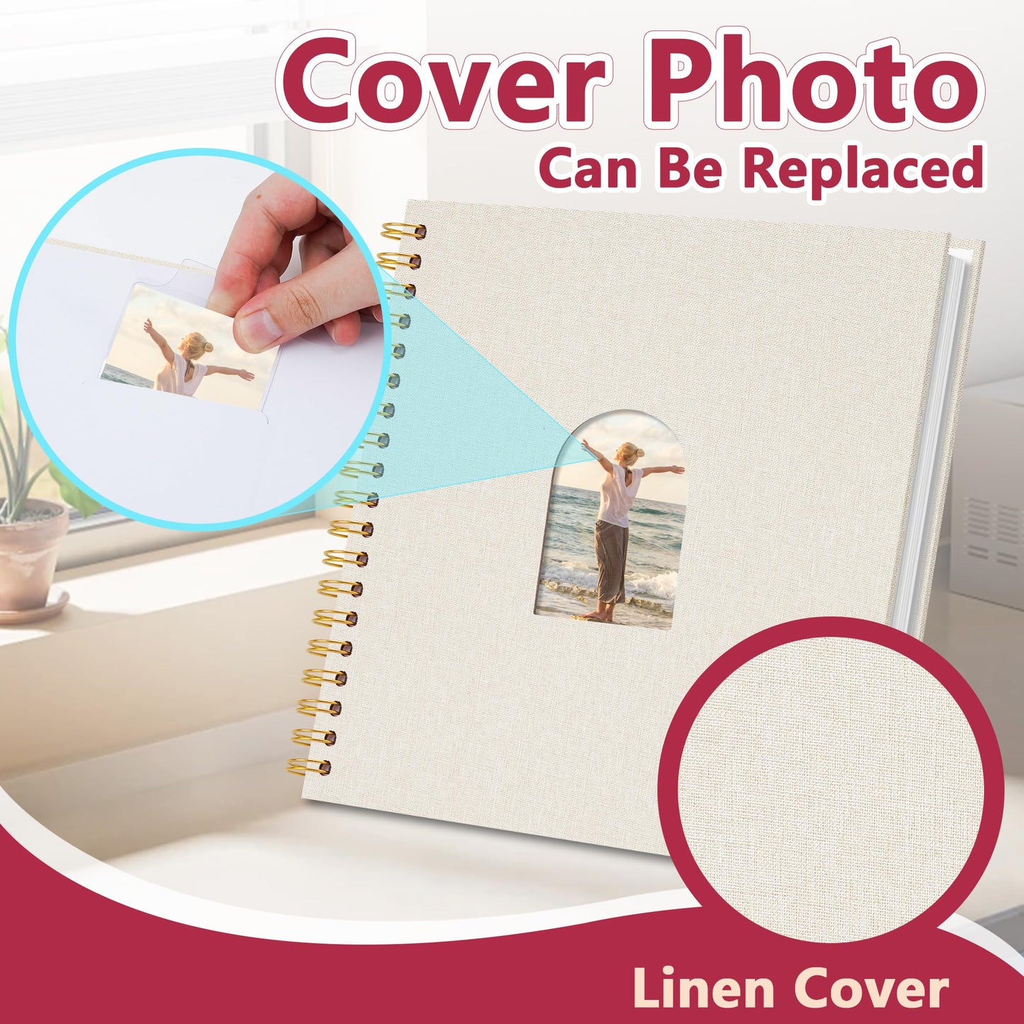 Vienrose 10X10 Inch 20 Sheets 40 Blank Pages DIY Scrapbook Album Linen Arch Window Photo Album Scrap Book Photo Albums for Wedding Baby Shower, Beige