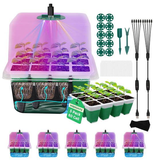 MQHUAYU 60-Cell Self Watering Seed Starter Tray with Grow Light, 5-Pack Reusable Seed Starter Kit with Soft Silicone, Plant Germination Trays with Humidity Dome for Seeding Planting Growing